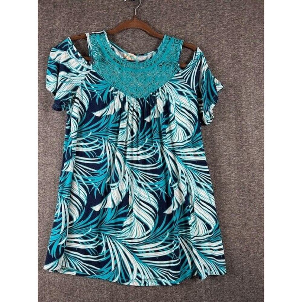 Greige Sz M Teal Cold Shoulder Top